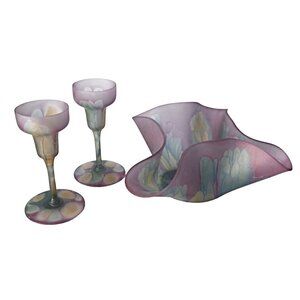 3 Piece Rueven Glass Pinched Bowl & Candle Holders Art Glass Purple